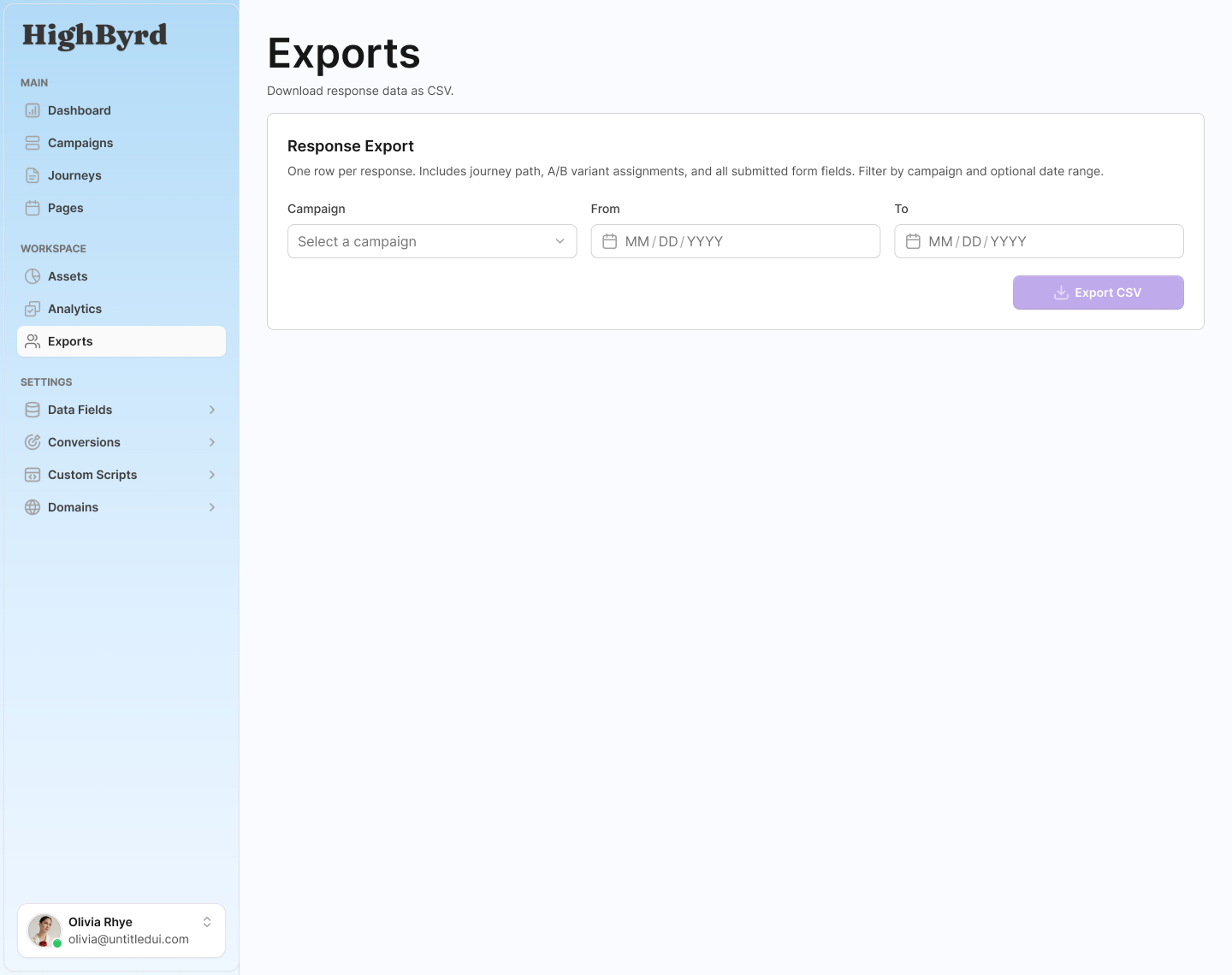 The HighByrd exports screen