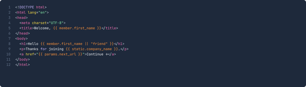 The page editor, with a live code editor